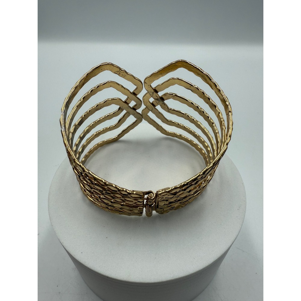 Hammered Gold Tone Multi Strand Hinged Cuff Bracelet Statement Cage Bangle - Picture 2 of 5